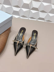 PRADA 26S POINTED TOE LACE TRIM MULES 55MM IN BLACK CALFSKIN WITH BOW