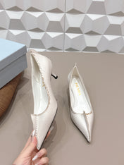 PRADA 26S POINTED TOE HIGH HEELS 55MM IN CREAM WHITE CALFSKIN