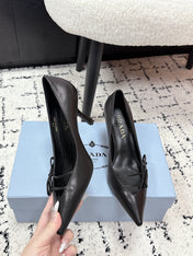 PRADA 26S POINTED-TOE HIGH HEELS 75MM IN BLACK CALFSKIN
