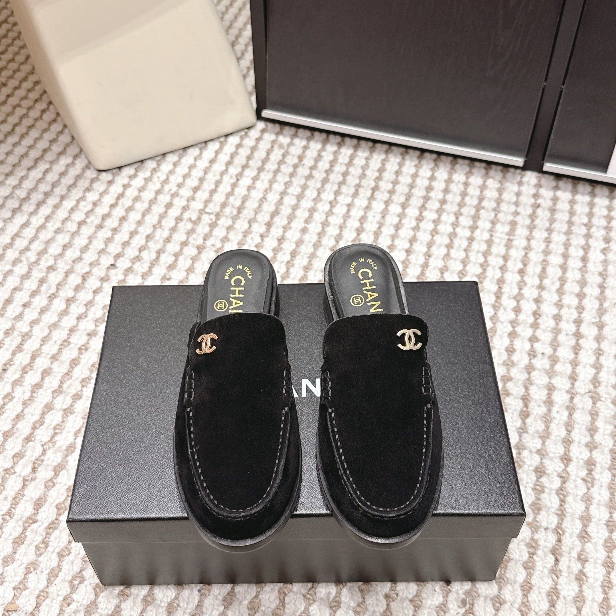 CHANEL 26S LOAFER MULES IN BLACK SUEDE