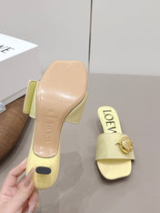 LOEWE 26S SQUARE TOE SANDALS 45MM IN LIGHT YELLOW CALFSKIN GOLD HARDWARE