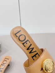 LOEWE 26S SQUARE TOE SANDALS 45MM IN TAN BROWN CALFSKIN GOLD HARDWARE