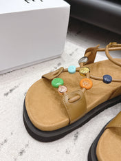 LOEWE 26S ROUND TOE WEDGE SANDALS 30MM IN TAN BROWN CALFSKIN AND SUEDE