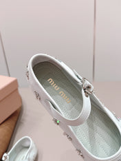 MIUMIU 26S MARY JANE BALLET FLATS IN WHITE FABRIC CRYSTAL EMBELLISHED