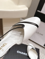 CHANEL 26S SLINGBACK FLATS IN WHITE CALFSKIN WITH BLACK TRIM