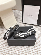 CHANEL 26S SLINGBACK FLATS IN BLACK CALFSKIN WITH WHITE TRIM