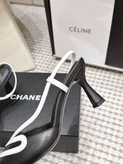 CHANEL 26S HIGH-HEEL SLINGBACKS IN BLACK CALFSKIN WITH WHITE TRIM