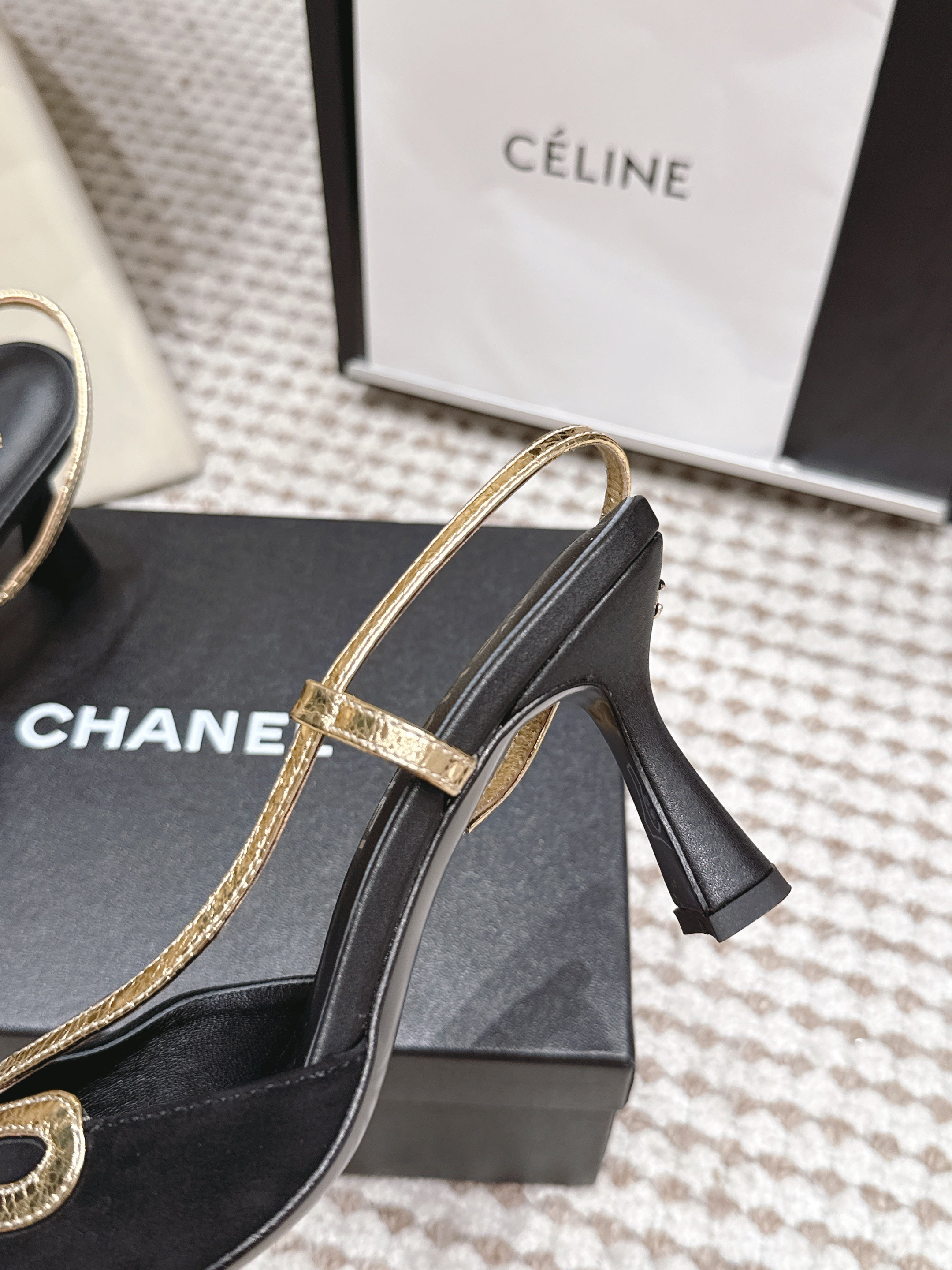 CHANEL 26S HIGH-HEEL SLINGBACKS IN BLACK SUESE WITH GOLD TRIM