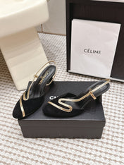 CHANEL 26S HIGH-HEEL SLINGBACKS IN BLACK SUESE WITH GOLD TRIM