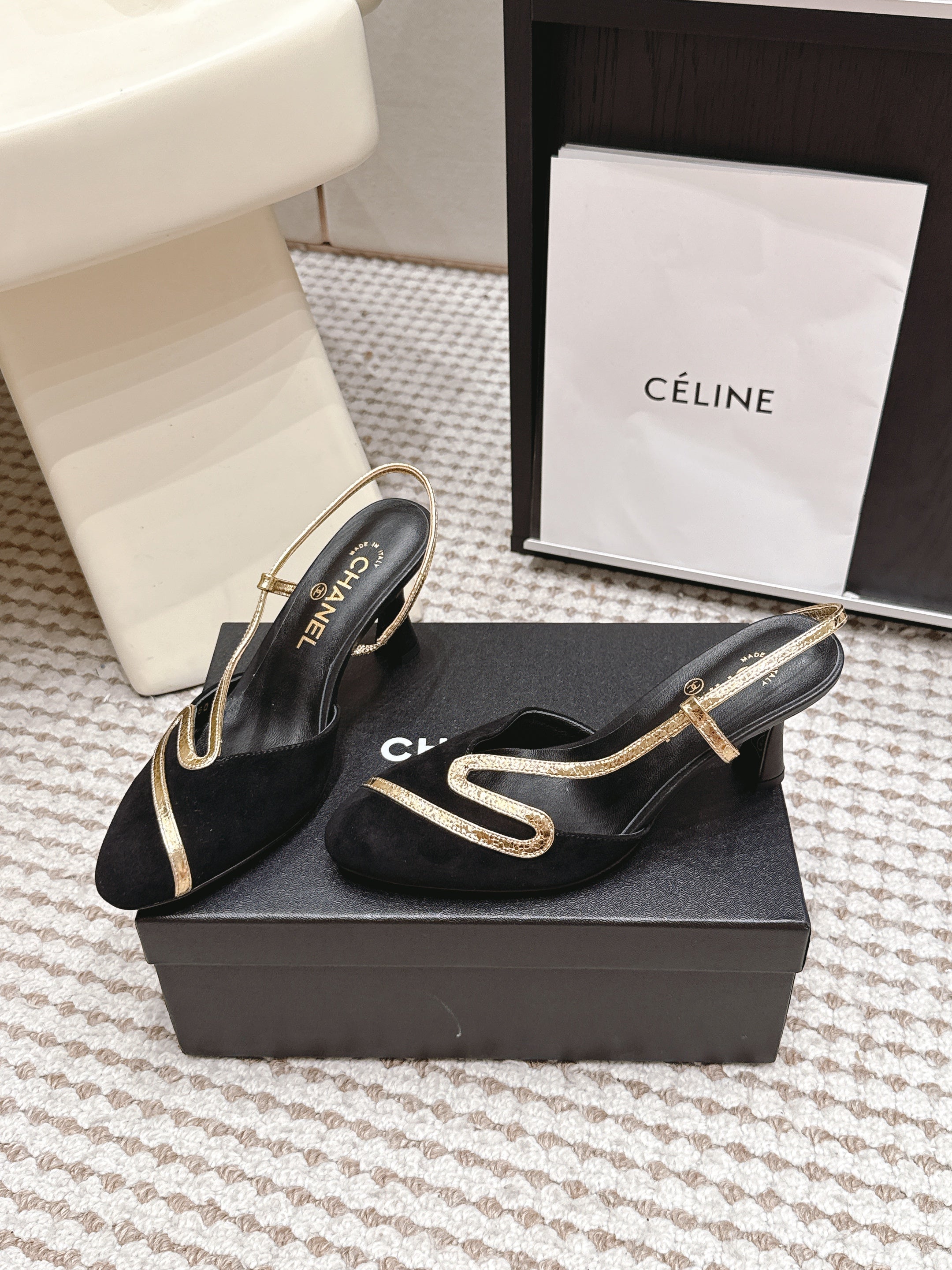 CHANEL 26S HIGH-HEEL SLINGBACKS IN BLACK SUESE WITH GOLD TRIM