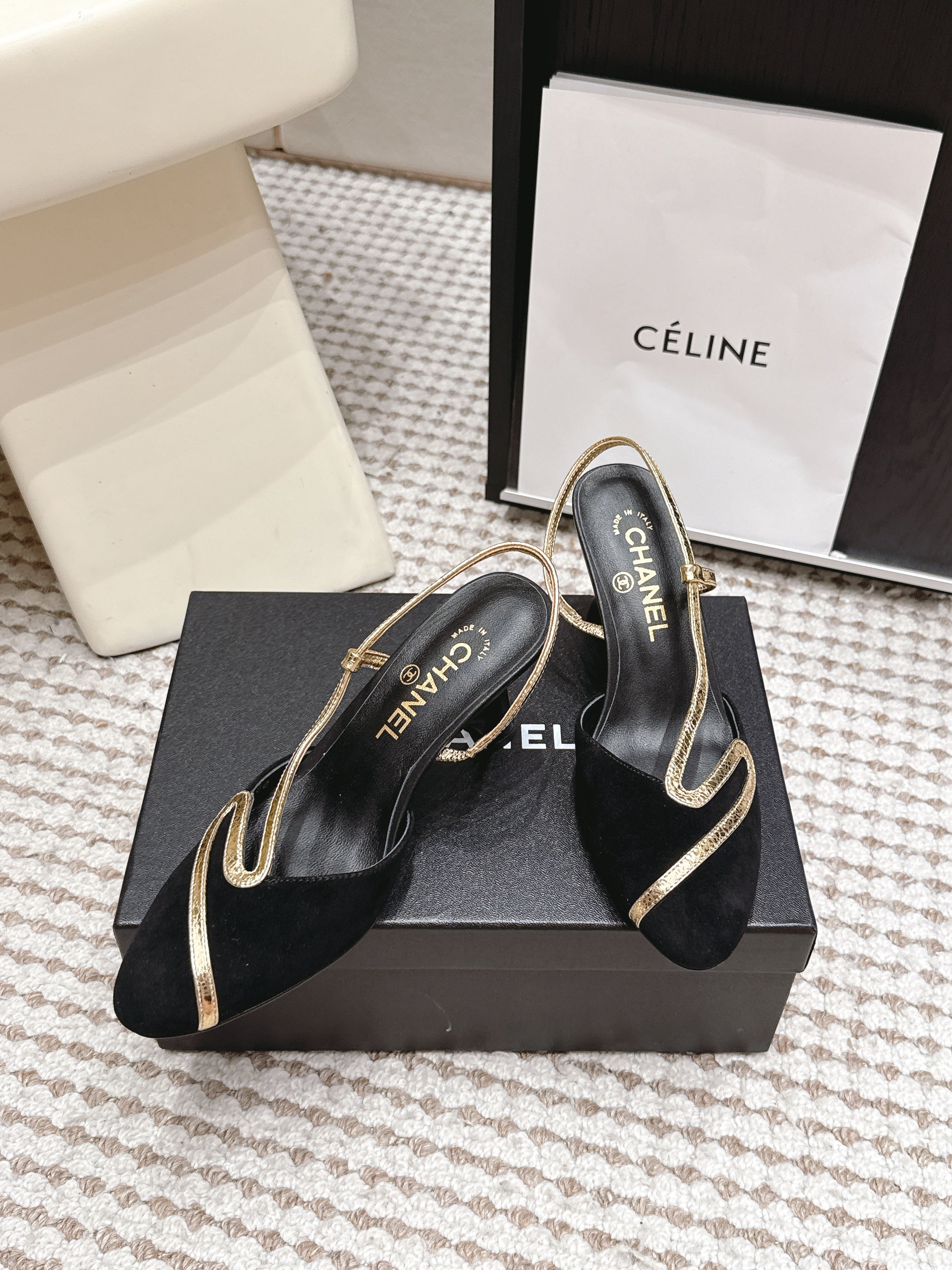 CHANEL 26S HIGH-HEEL SLINGBACKS IN BLACK SUESE WITH GOLD TRIM