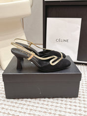 CHANEL 26S HIGH-HEEL SLINGBACKS IN BLACK SUESE WITH GOLD TRIM