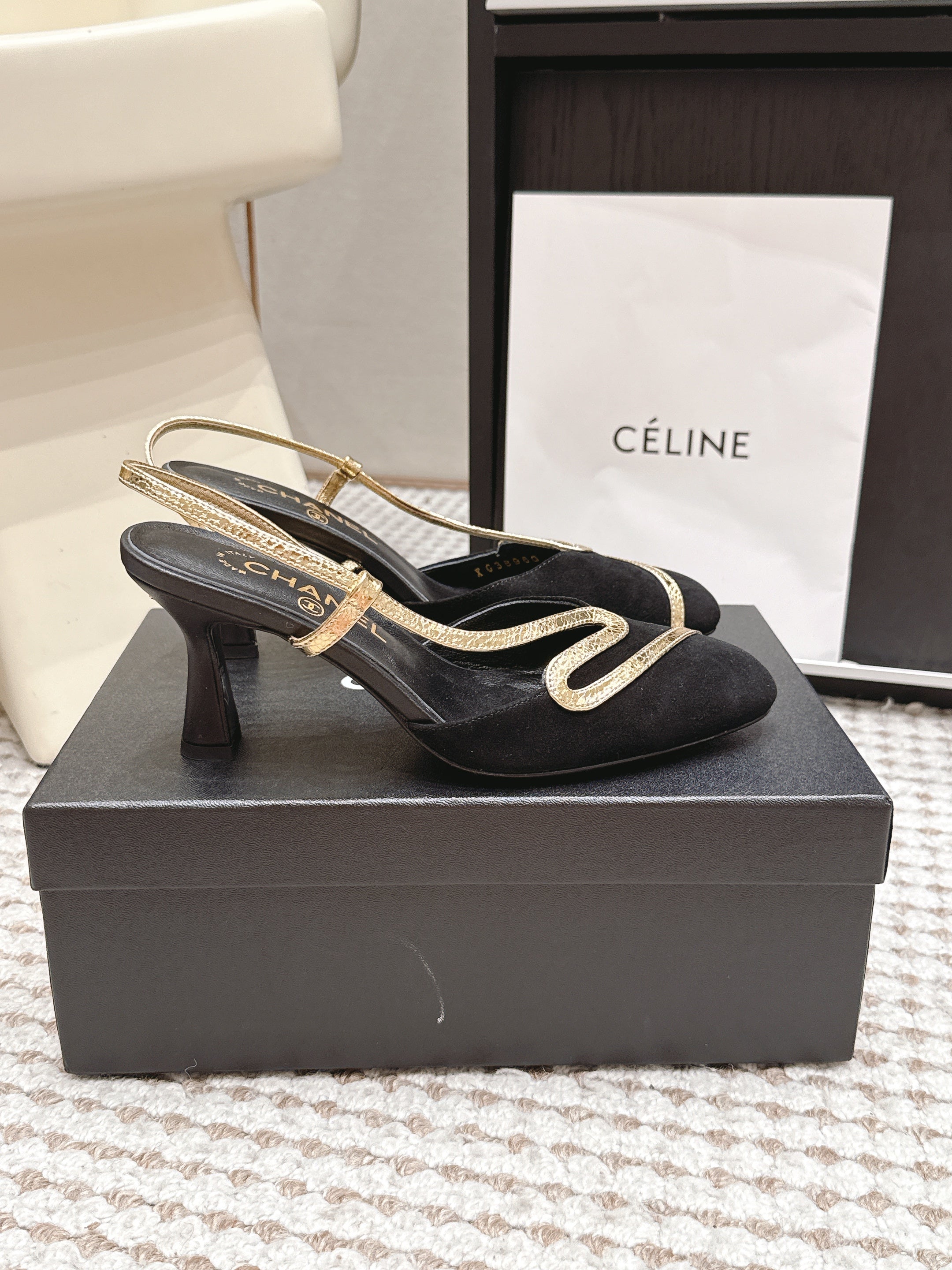 CHANEL 26S HIGH-HEEL SLINGBACKS IN BLACK SUESE WITH GOLD TRIM
