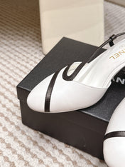 CHANEL 26S HIGH-HEEL SLINGBACKS IN WHITE CALFSKIN WITH BLACK TRIM