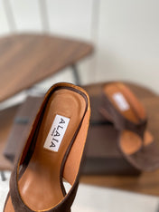ALAIA WEDGE THONG SANDALS 25S IN BROWN SUEDE
