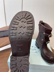 PRADA 25S TWO-BUTTON COWBOY BOOTS IN DARK BROWN CALFSKIN WITH SILVER HARDWARE