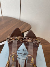 PRADA 26S HIGH HEEL SANDALS 85MM IN CHOCOLATE BROWN CALFSKIN WITH BOW