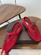 ALAIA 26S MESH FLATS IN DARK RED SUEDE RHINESTONE-EMBELLISHED