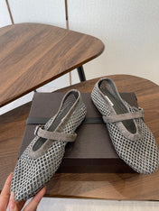 ALAIA 26S MESH FLATS IN BROWN GREY SUEDE RHINESTONE-EMBELLISHED