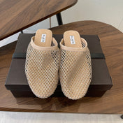 ALAIA 26S FLAT MULES IN BEIGE SUEDE AND MESH RHINESTONE-EMBELLISHED