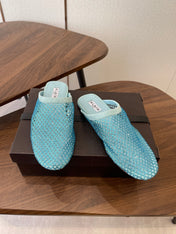 ALAIA 26S FLAT MULES IN BLUE SUEDE AND MESH RHINESTONE-EMBELLISHED