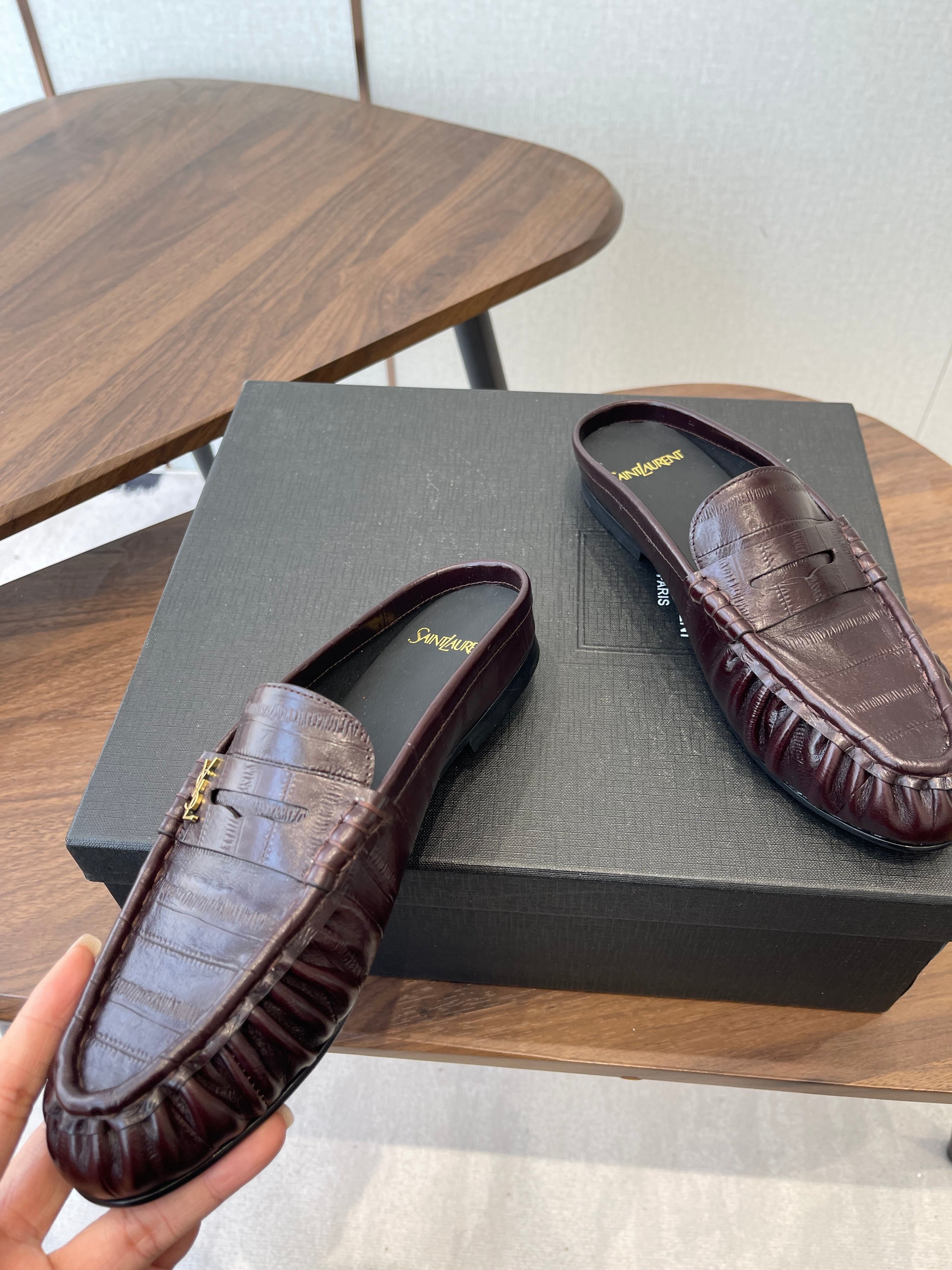 YSL 26S LOAFER MULES IN DARK RED BROWN CALFSKIN