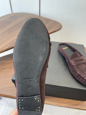 YSL 26S LOAFER MULES IN DARK PLUM BROWN SUEDE