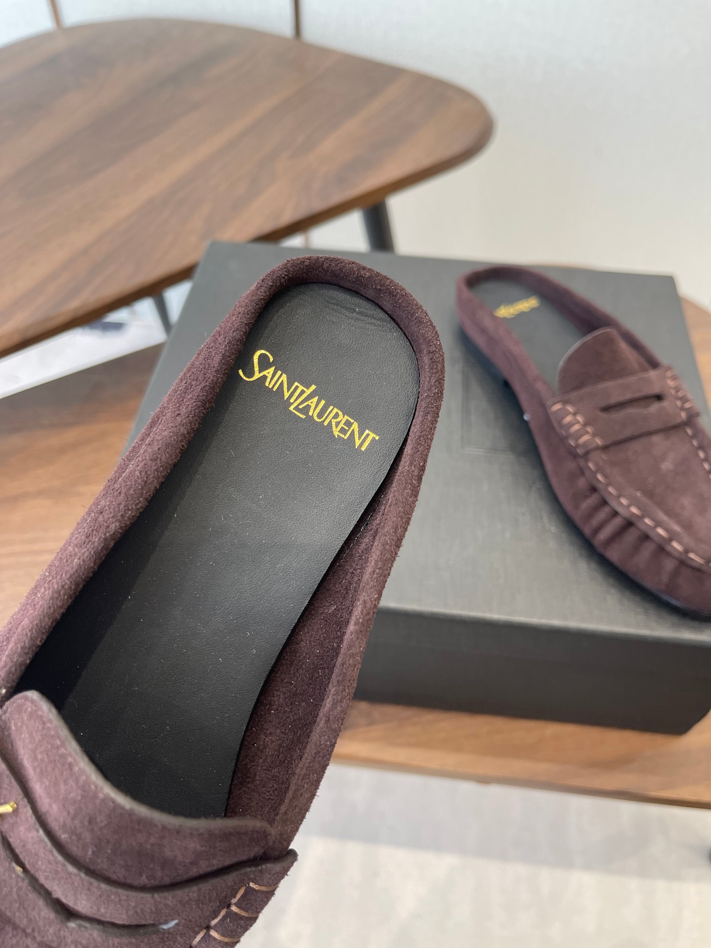 YSL 26S LOAFER MULES IN DARK PLUM BROWN SUEDE
