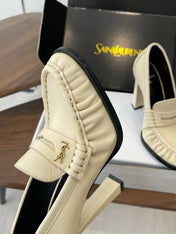 YSL 26S HEELED LOAFERS 100 MM IN SOFT OFF-WHITE CALFSKIN