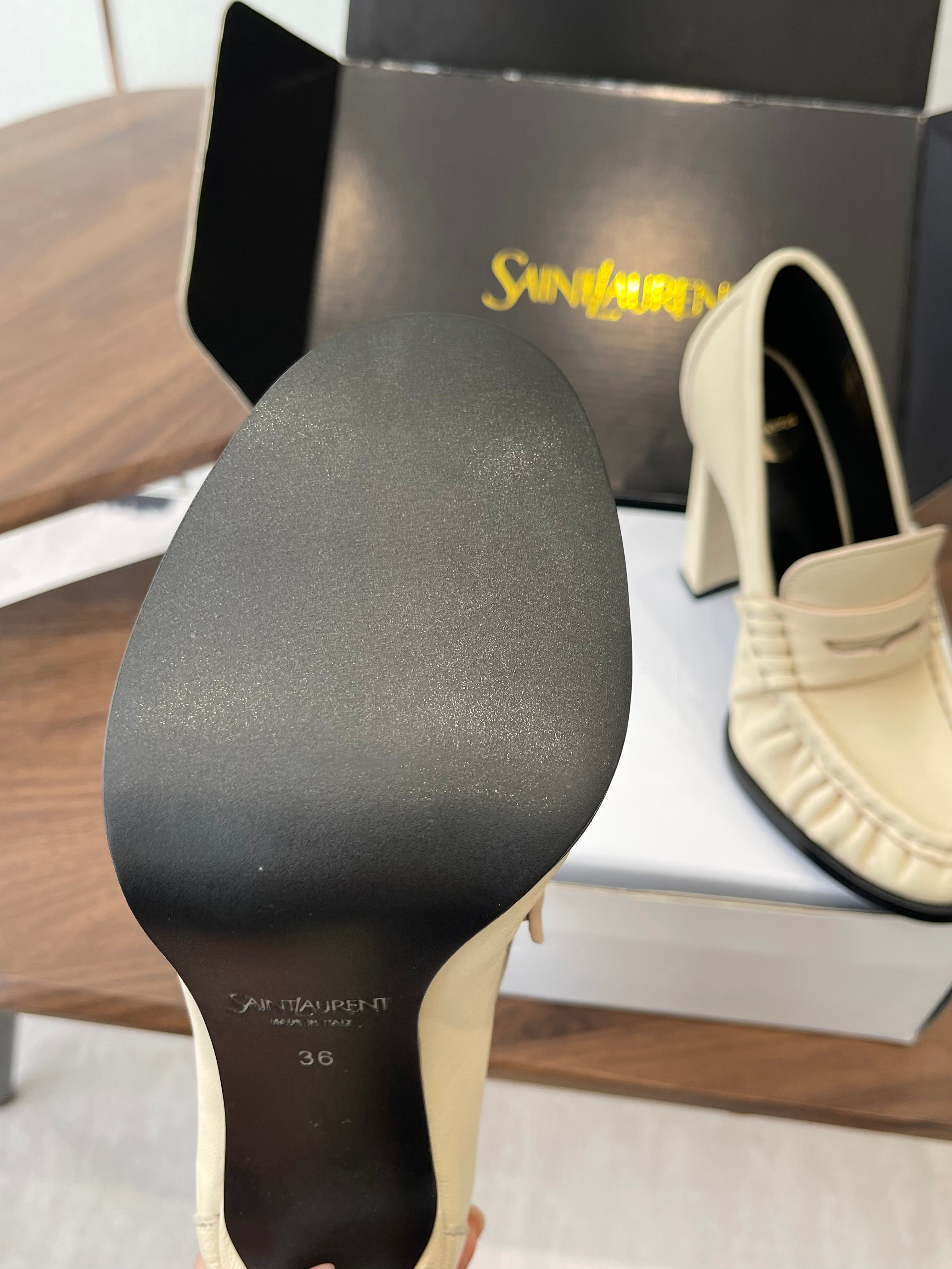 YSL 26S HEELED LOAFERS 100 MM IN SOFT OFF-WHITE CALFSKIN