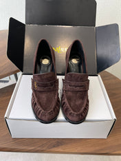 YSL 26S HEELED LOAFERS 100 MM IN WINE BROWN SUEDE