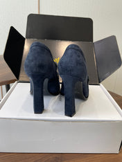 YSL 26S HEELED LOAFERS 100 MM IN DARK STEEL BLUE SUEDE