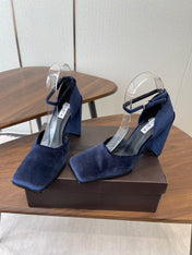 ALAIA 26S SQUARE-TOE HIGH HEELS 95 MM IN NAVY BLUE SUEDE