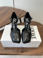 LOEWE 26S ONDA 90MM T-STRAP HIGH-HEEL SHOES IN BLACK EMBOSSED CROCODILE CALFSKIN