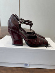 LOEWE 26S ONDA 90MM T-STRAP HIGH-HEEL SHOES IN WINE RED EMBOSSED CROCODILE CALFSKIN