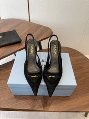PRADA 26S SLINGBACK PUMPS 75MM IN BLACK SUEDE WITH LOGO