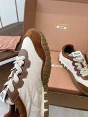 MIUMIU 26S SNEAKERS IN WHITE AND CARAMEL BROWN FABRIC AND SUEDE