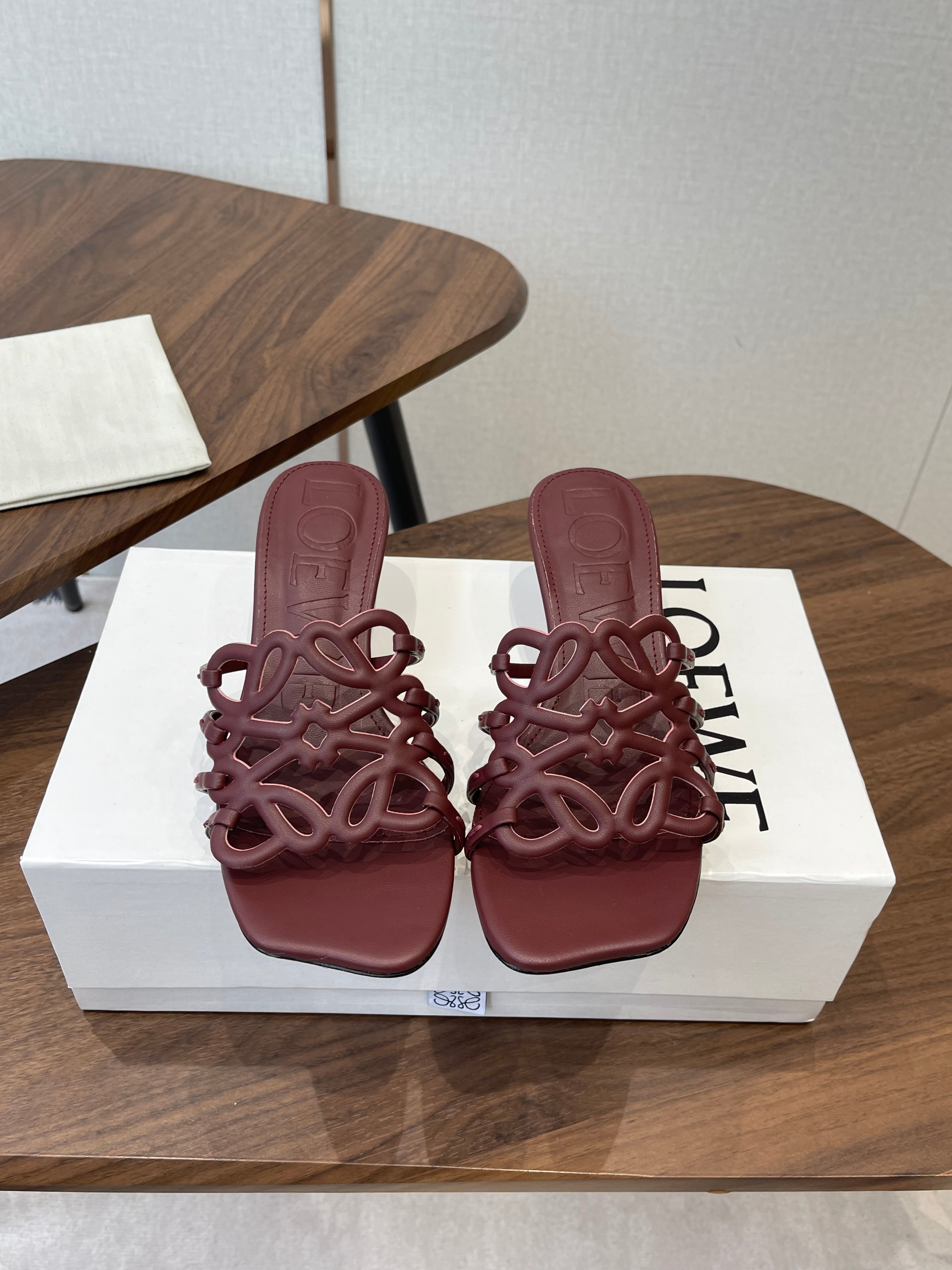 LOEWE 26S HIGH HEEL SANDALS IN WINE RED CALFSKIN