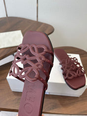 LOEWE 26S PETAL ANAGRAM SLIDE IN WINE RED CALFSKIN