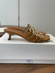 LOEWE 26S HIGH HEEL SANDALS IN CAMEL BROWN CALFSKIN WITH CRYSTALS