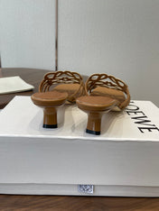 LOEWE 26S HIGH HEEL SANDALS IN CAMEL BROWN CALFSKIN WITH CRYSTALS