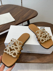 LOEWE 26S FLAT SANDALS IN CAMEL BROWN CALFSKIN WITH CRYSTALS