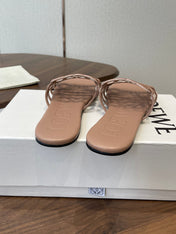 LOEWE 26S PETAL ANAGRAM SLIDE IN TAUPE BROWN CALFSKIN WITH CRYSTALS