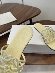 LOEWE 26S FLAT SANDALS IN LIGHT YELLOW CALFSKIN WITH CRYSTALS