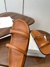 THE ROW 26S DOUBLE STRAP FLAT SANDALS IN CARAMEL BROWN CALFSKIN