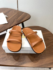 THE ROW 26S DOUBLE STRAP FLAT SANDALS IN CARAMEL BROWN CALFSKIN