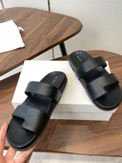THE ROW 26S DOUBLE STRAP TOE LOOP SLIDE SANDALS IN BLACK CALFSKIN