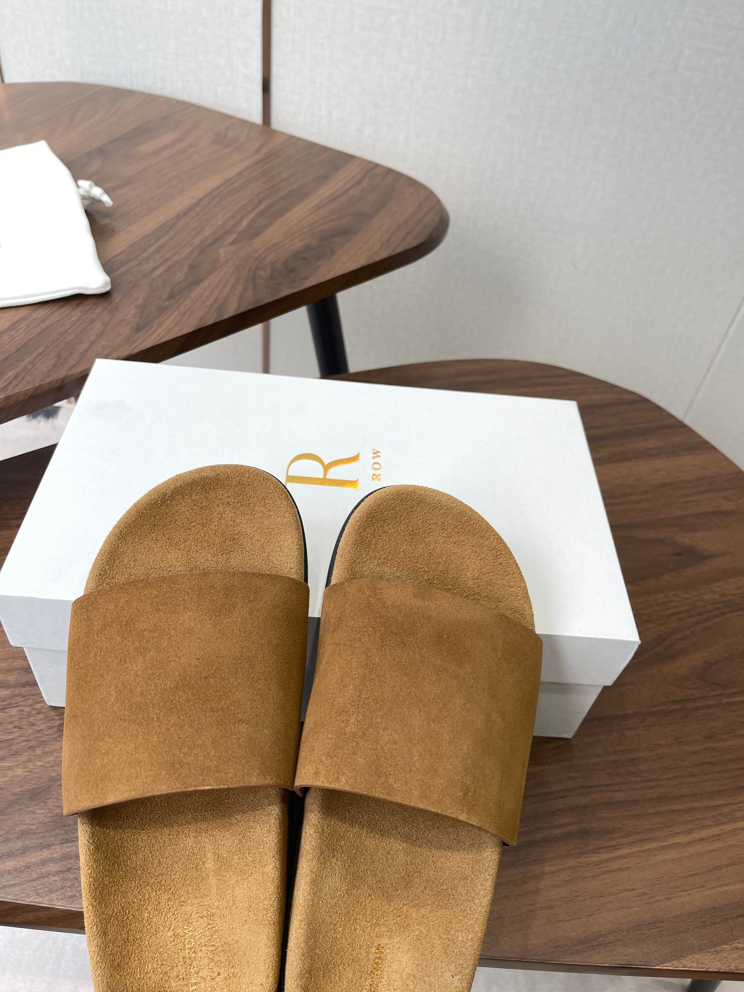 THE ROW 26S SLIDE SANDALS IN GOLD BROWN SUEDE