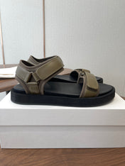 THE ROW 26S DOUBLE STRAP SANDALS IN OLIVE GREEN CALFSKIN