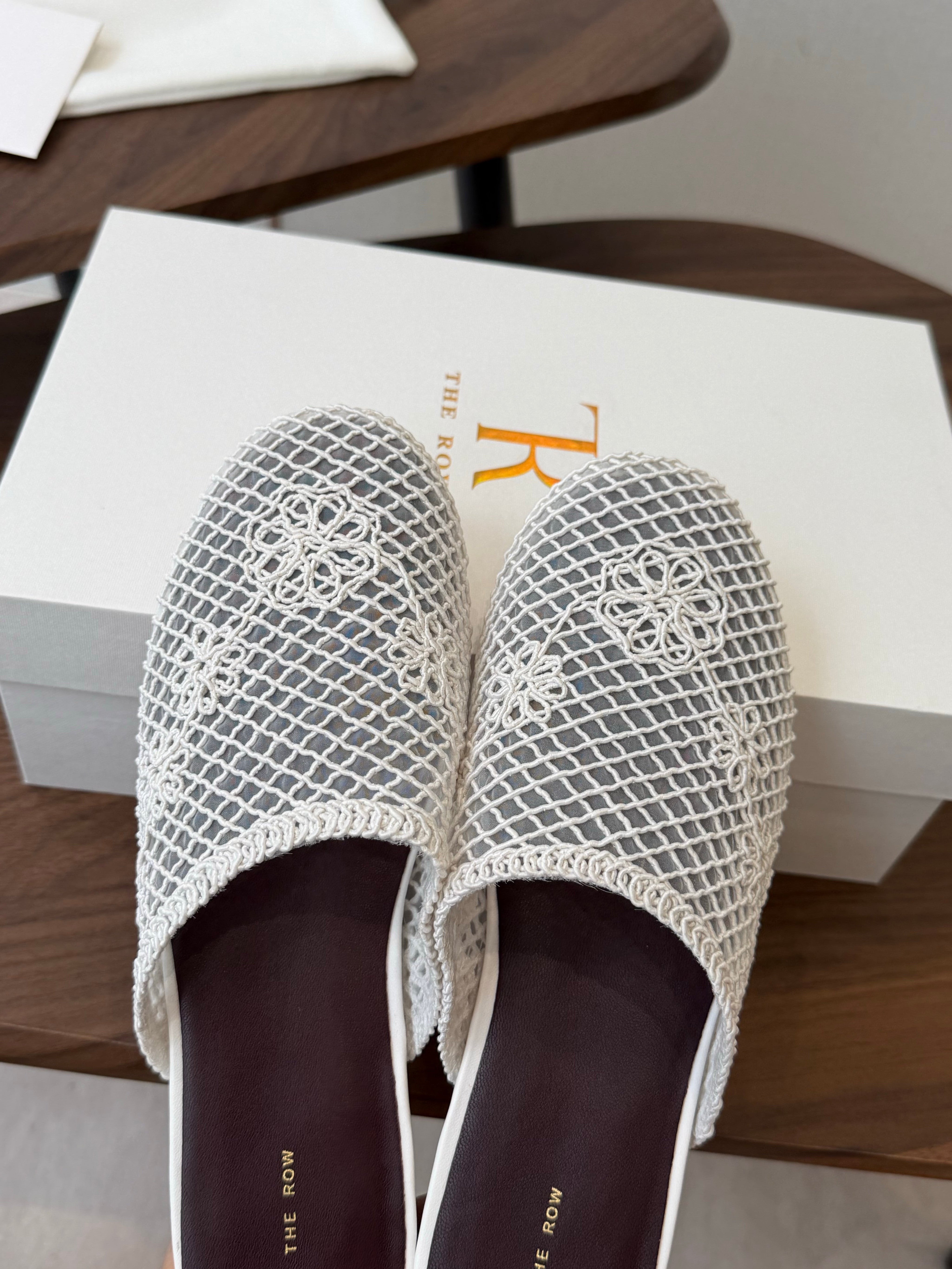 THE ROW 26S MULE FLATS IN WHITE CROCHET MESH